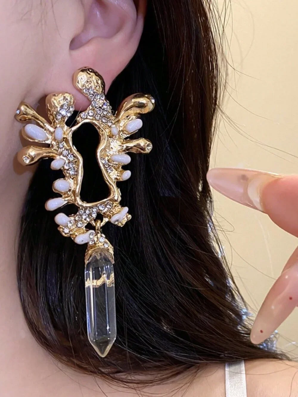 Gold Boho Women's Asymmetrical Key-Shaped Crystal Resin Long Stud Earrings